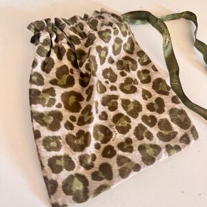 BRIGHTON Brown Green Leopard Print Bag Cloth Jewelry Pouch w Olive Ribbon
